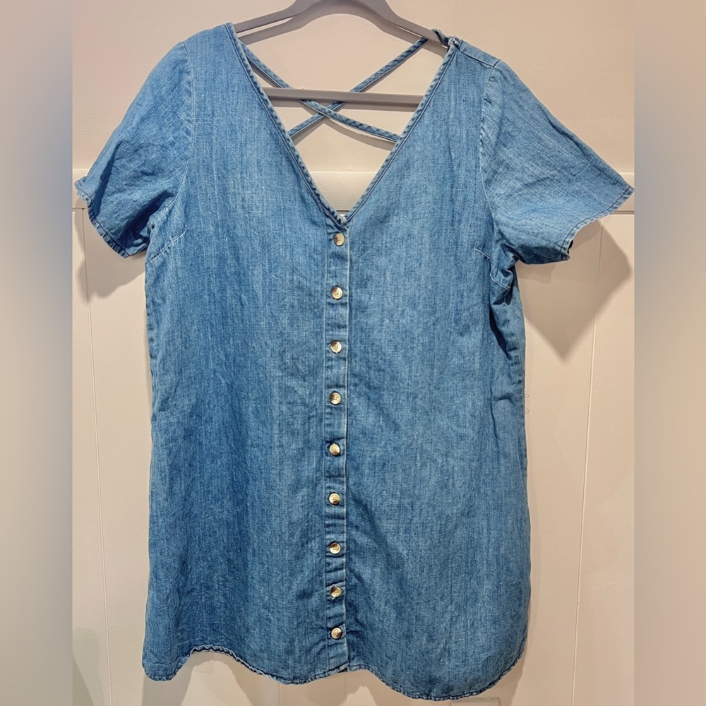 ASOS Denim Button Down V-Neck Short Sleeve Mini Dress Classic‎ Blue Jean Size 14
